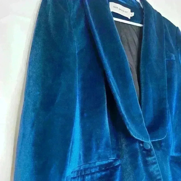 Self Portrait Blue Velvet Shawl Blazer Size Large - Picture 5 of 16